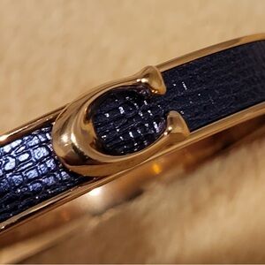 Coach Bangle Bracelet Push Hinged Bangle blue metallic leather rose gold tone